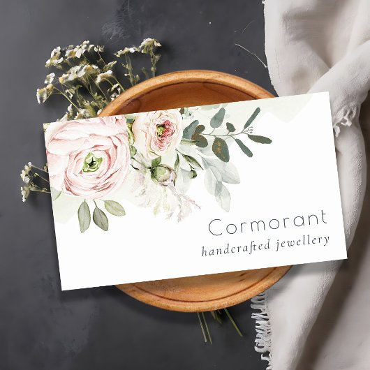 Soft Chic Blush Pink Peony Leafy Botanical Floral Visitekaartje