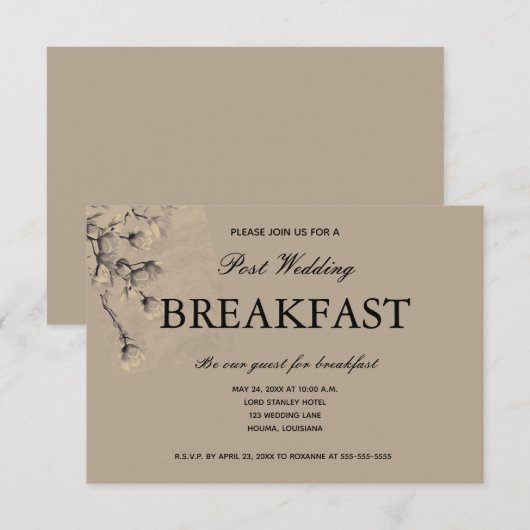 Soft Classy Taupe Bloemen Post Trouwontbijt RSVP Kaartje (Voorkant / Achterkant)