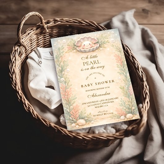 Soft Coastal Pearl Storybook Baby Shower Kaart
