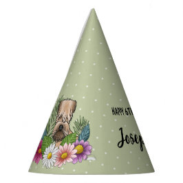 Soft-Coated Wheaten Terrier Met Bloemen Verjaardag Feesthoedjes