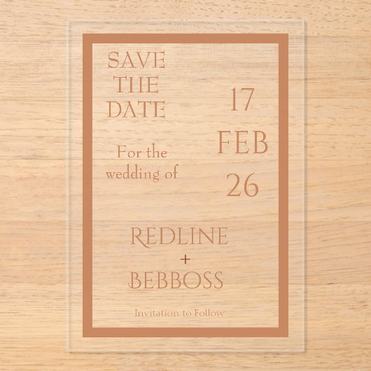 Soft Copper Elegant Modern Wedding Acryl Uitnodigingen (Voorkant)
