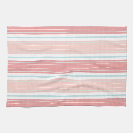Soft Coral Aqua & Tan on White Shabby Chic Stripes Theedoek (Horizontaal)