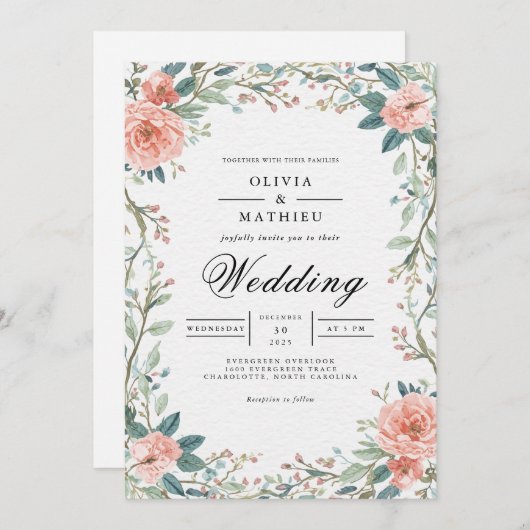 Soft Coral Blossom Lijst Wedding Kaart (Voorkant / Achterkant)