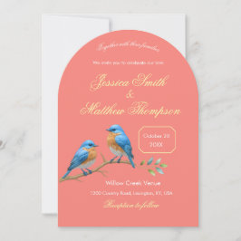 Soft Coral Bluebirds en Golden Script Wedding Kaart