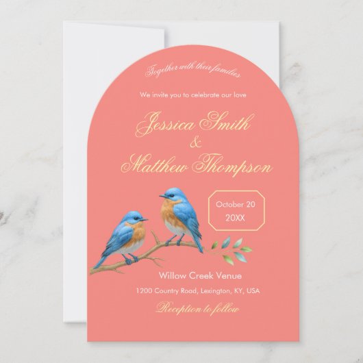 Soft Coral Bluebirds en Golden Script Wedding Kaart (Voorkant)