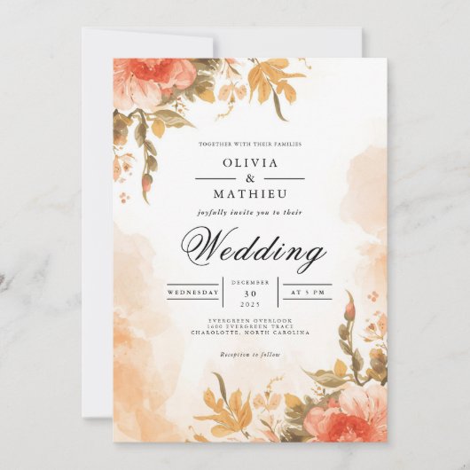 Soft Coral Botanical Wash Wedding Kaart (Voorkant)