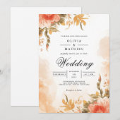 Soft Coral Botanical Wash Wedding Kaart (Voorkant / Achterkant)