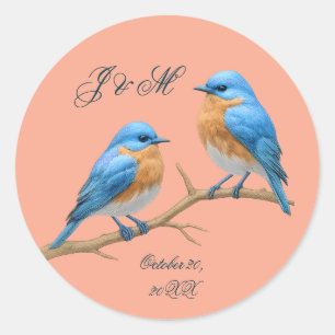 Soft Coral Lovebirds Romantische Blauwvogels Huwel Ronde Sticker