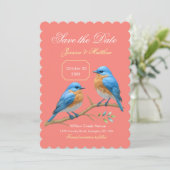 Soft Coral Lovebirds Romantische Blauwvogels Huwel Save The Date (Staand voorkant)
