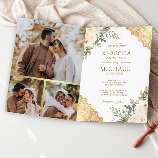 Soft Cream Roses Gold Lace QR Code Wedding