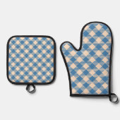 "Soft Crème, Staalblauw" Gingham Ovenwant & Pannenlap Set (Voorkant)