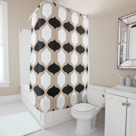 Soft Curves Pattern - Taupe, Black en White Douchegordijn (In situ)