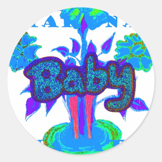 Soft Cyan Blue Flower Art: A Baby's Touch. Ronde Sticker (Voorkant)