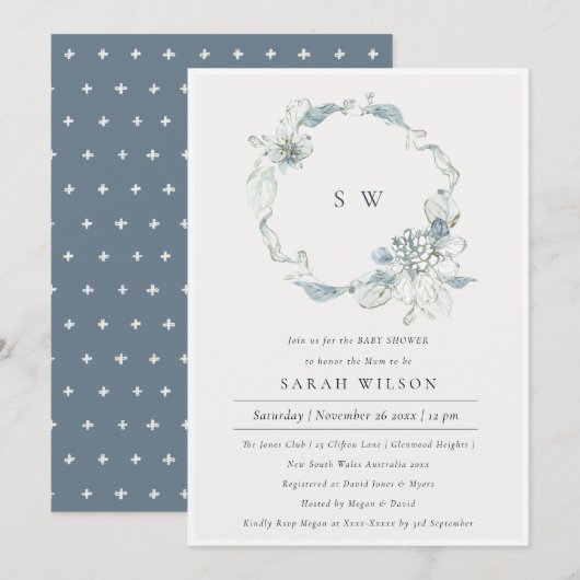 Soft Dusky Blue Floral Wreatal Baby shower Invite Bedankkaart (Voorkant / Achterkant)