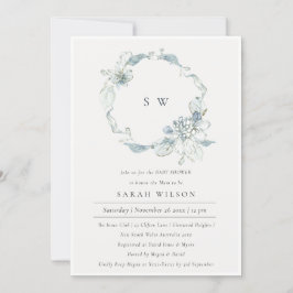 Soft Dusky Blue Floral Wreatal Baby shower Invite Bedankkaart