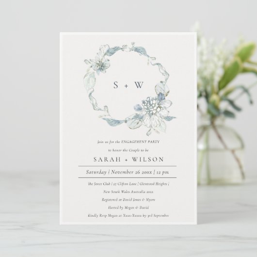Soft Dusky Blue Floral Wreatal Verloving Invite Bedankkaart (Staand voorkant)