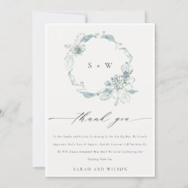 Soft Dusky Blue Floral Wreator Monogram Wedding Bedankkaart