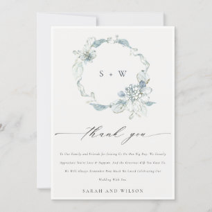 Soft Dusky Blue Floral Wreator Monogram Wedding Bedankkaart