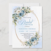 Soft Dusty Blue Floral Script Bridal Shower Invite Kaart (Voorkant)