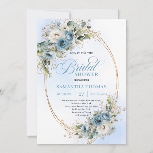 Soft Dusty Blue Floral Script Bridal Shower Invite Kaart (Voorkant)