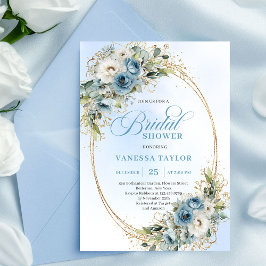 Soft Dusty Blue Floral Script Bridal Shower Invite Kaart