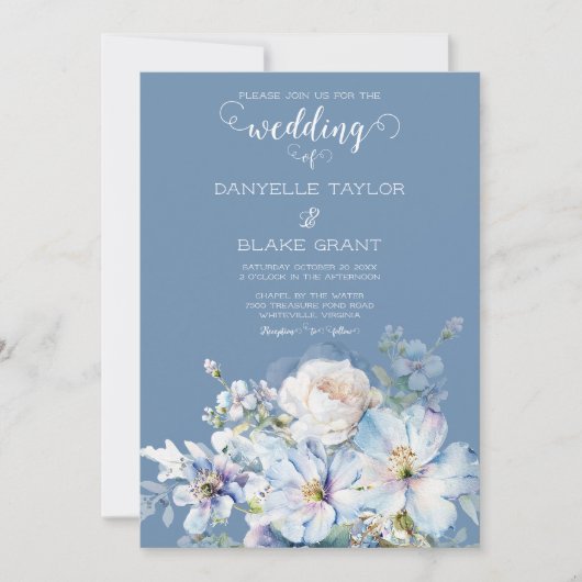 Soft Dusty Blue Ivory Floral Photo Wedding Kaart (Voorkant)
