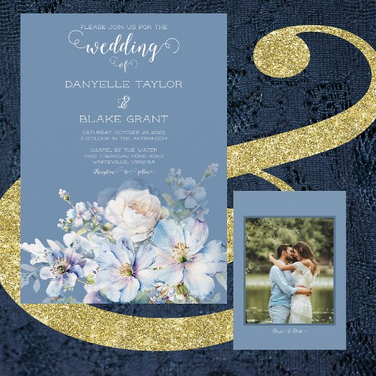 Soft Dusty Blue Ivory Floral Photo Wedding Kaart