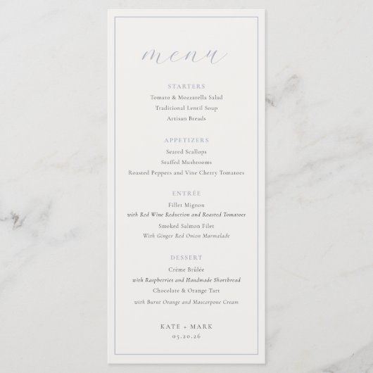 Soft Dusty Blue Wedding Menu (Voorkant)
