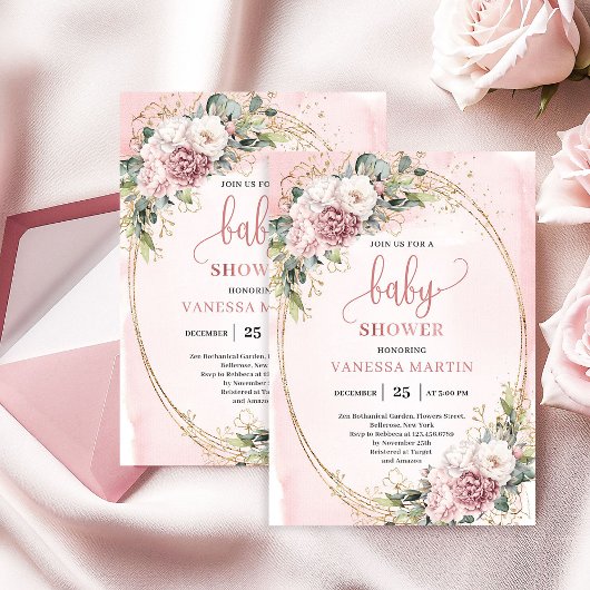 Soft Dusty Pink Flowers Eucalyptus Baby Shower Gir Kaart