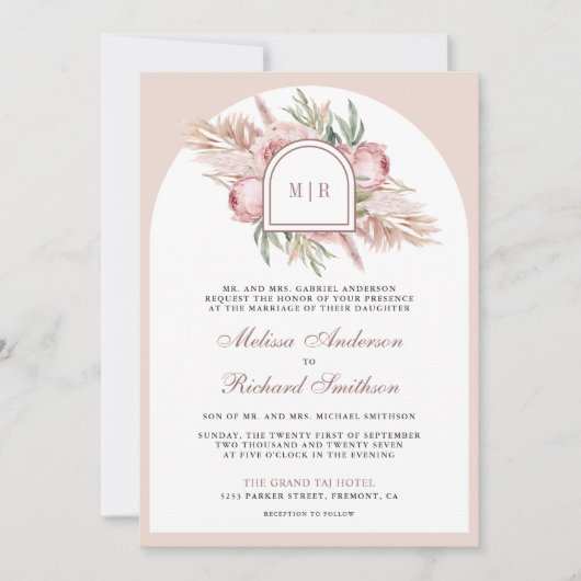 Soft Dusty Roos Roze Bloemen Pampas QR Code Huweli Kaart (Voorkant)