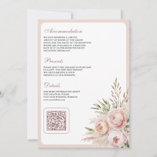 Soft Dusty Roos Roze Bloemen Pampas QR Code Huweli Kaart (Achterkant)