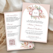 Soft Dusty Roos Roze Bloemen Pampas QR Code Huweli Kaart