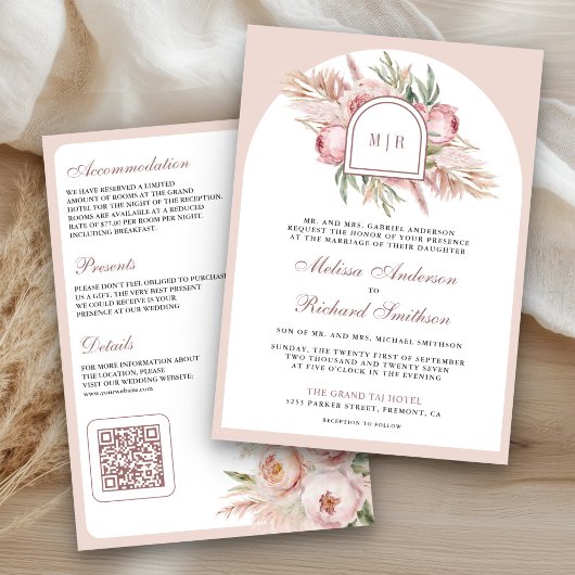 Soft Dusty Roos Roze Bloemen Pampas QR Code Huweli Kaart