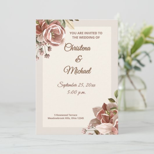 Soft Dusty Rose Floral Wedding Invitation Kaart (Staand voorkant)