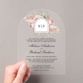 Soft Dusty Rose Pink Floral Pampas Wedding Acryl Uitnodigingen (Insitu (Draagbaar))