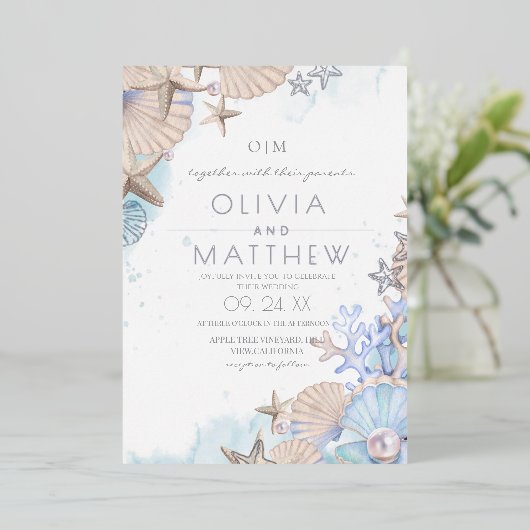 Soft Elegant Ocean Beach bruiloft uitnodiging (Staand Voorkant)