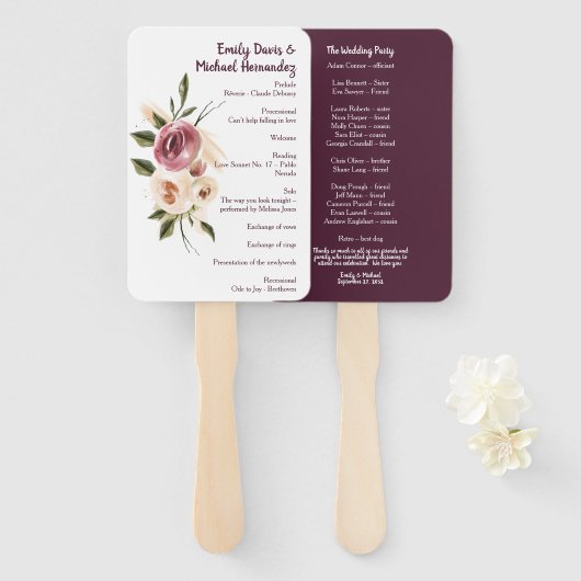 Soft Elegant Rozen Burgundy Cream Lijst Program Handwaaier (Voorkant en achterkant)