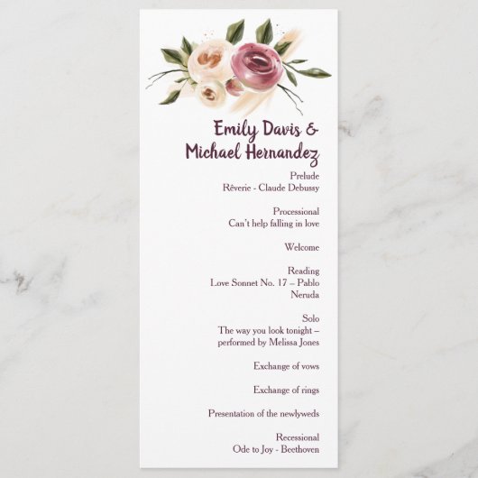 Soft Elegant Rozen Burgundy Cream Lijst Programmakaart (Voorkant)