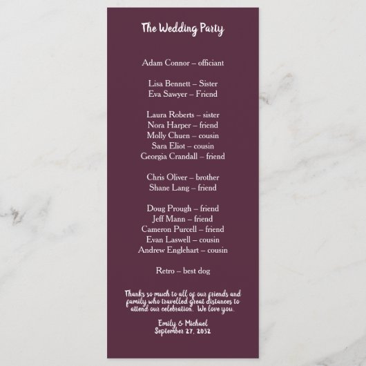 Soft Elegant Rozen Burgundy Cream Lijst Programmakaart (Achterkant)