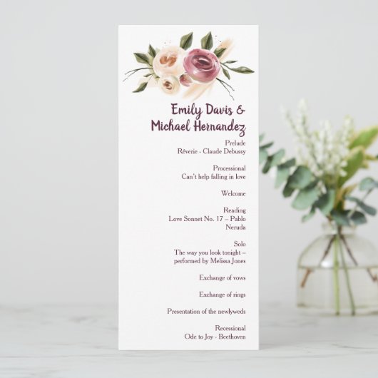 Soft Elegant Rozen Burgundy Cream Lijst Programmakaart (Staand voorkant)