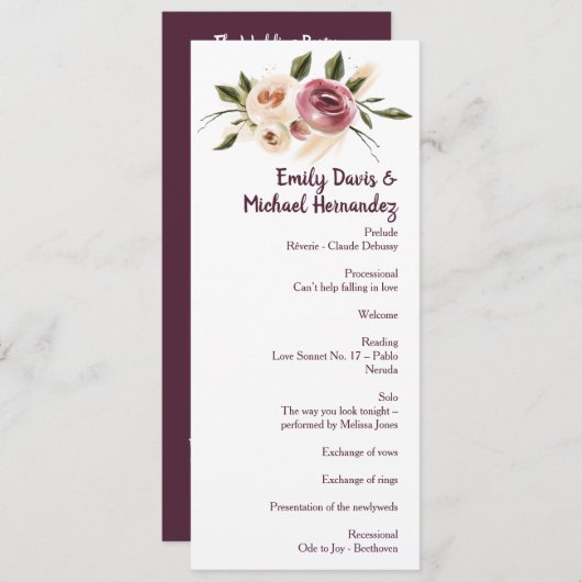Soft Elegant Rozen Burgundy Cream Lijst Programmakaart (Voorkant / Achterkant)