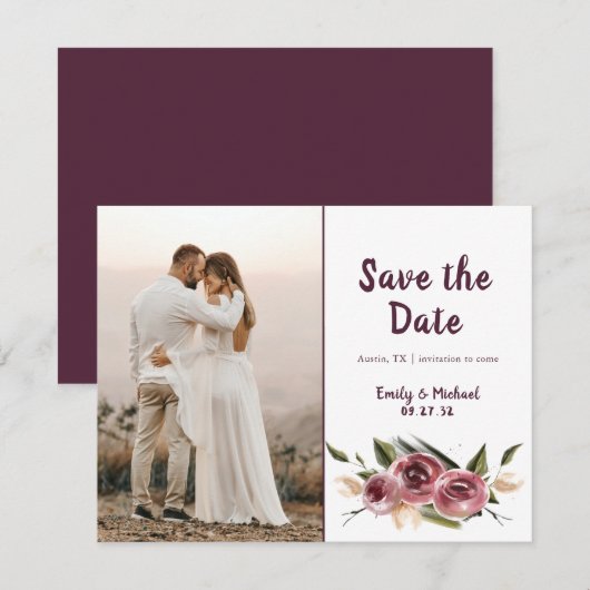Soft Elegant Rozen Burgundy Cream Lijst Save The Date (Voorkant / Achterkant)