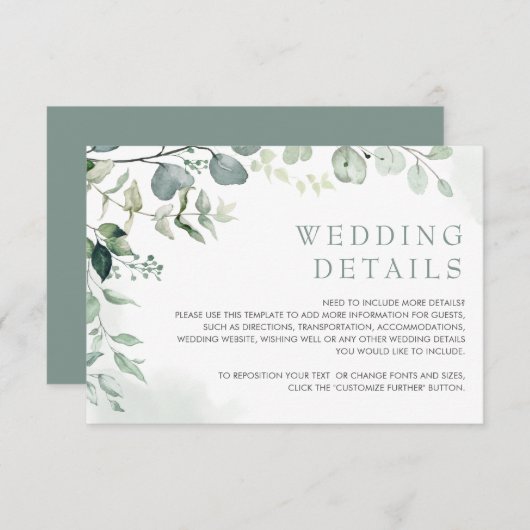 Soft Eucalyptus Greenery Garden Wedding Details Informatiekaartje (Voorkant / Achterkant)
