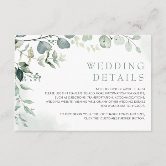 Soft Eucalyptus Greenery Garden Wedding Details Informatiekaartje (Voorkant)