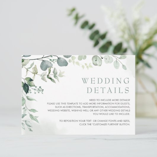 Soft Eucalyptus Greenery Garden Wedding Details Informatiekaartje (Staand voorkant)