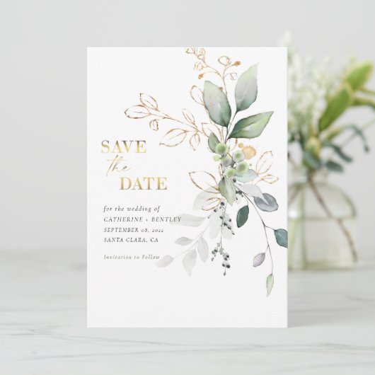 Soft Eucalyptus w/Gold Photo Save The Date (Staand voorkant)