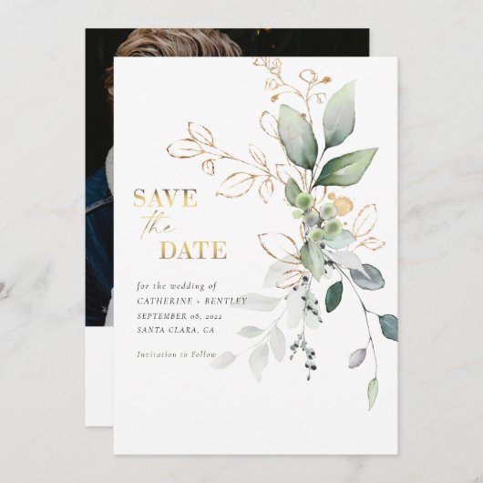 Soft Eucalyptus w/Gold Photo Save The Date (Voorkant / Achterkant)