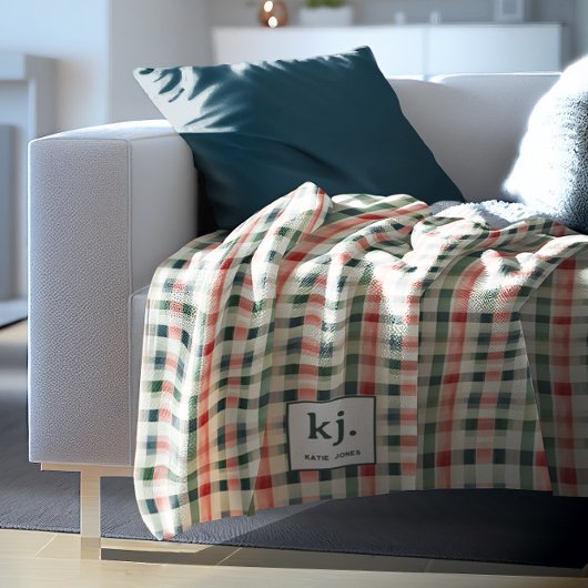 Soft evergreen gingham monogram fleece deken