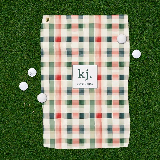 Soft evergreen gingham monogram golfhanddoek