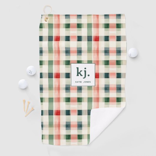 Soft evergreen gingham monogram golfhanddoek (Insitu)